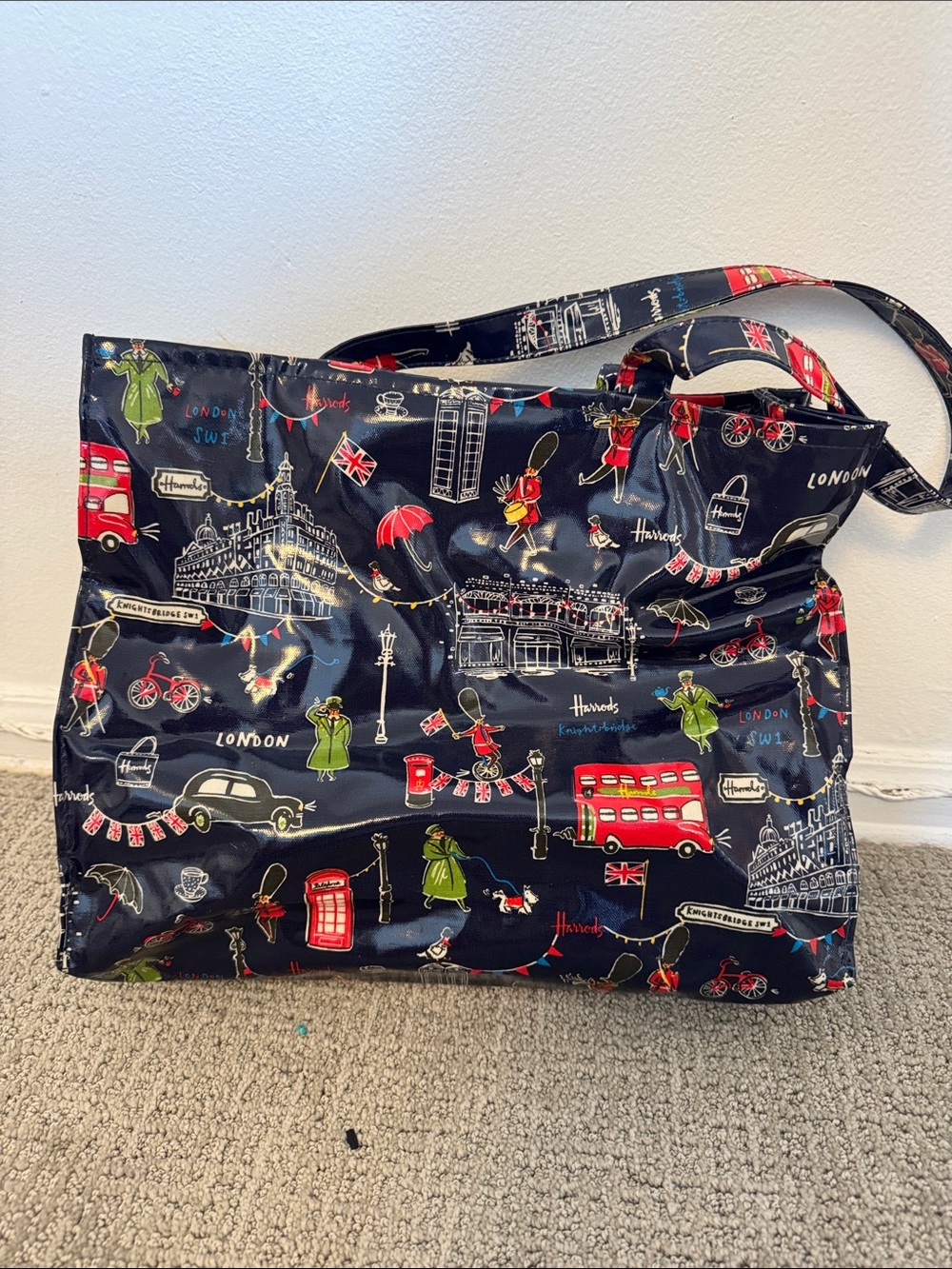 Harrods Black London Icon Print Shoulder Tote with Red Accents